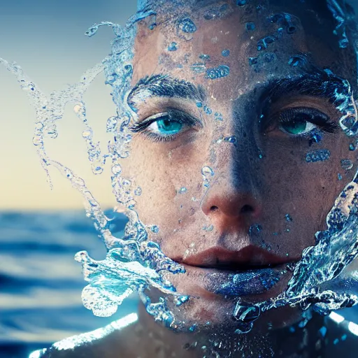 Prompt: water artwork manipulation in the shape of a human head, on the ocean water, ray tracing, realistic water sharp focus, long shot, 8 k resolution, cinematic, amazing water art, cgsociety, surreal water art