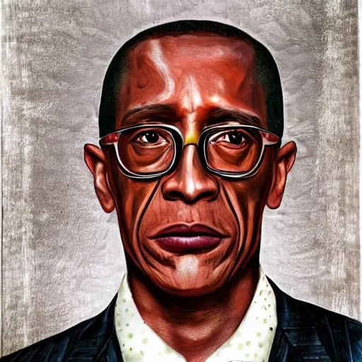 Prompt: realistic detailed portrait of gus fring with half of his face replaced by robotic parts