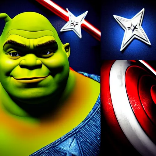 Image similar to digital painting of Shrek as Captain America, octane render, volumetric lightening, by marvel