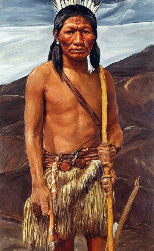 Prompt: full shot picture of indigenous people young man standing with a spear, painted by lucian freud, hd, super detailed, amazing, realistic lighting