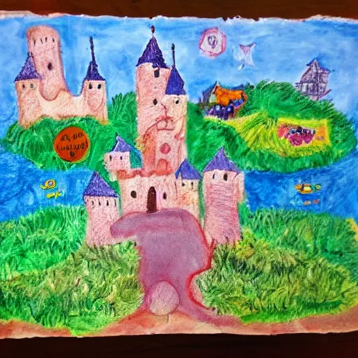 Image similar to children's art of a castle landscape, detailed