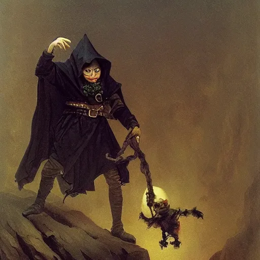 Image similar to small pale cowardly man wearing dark cloak, portrait, funny artwork, scared smile, close shot, round face, fantasy artwork, dnd, by karl spitzweg, whimsical