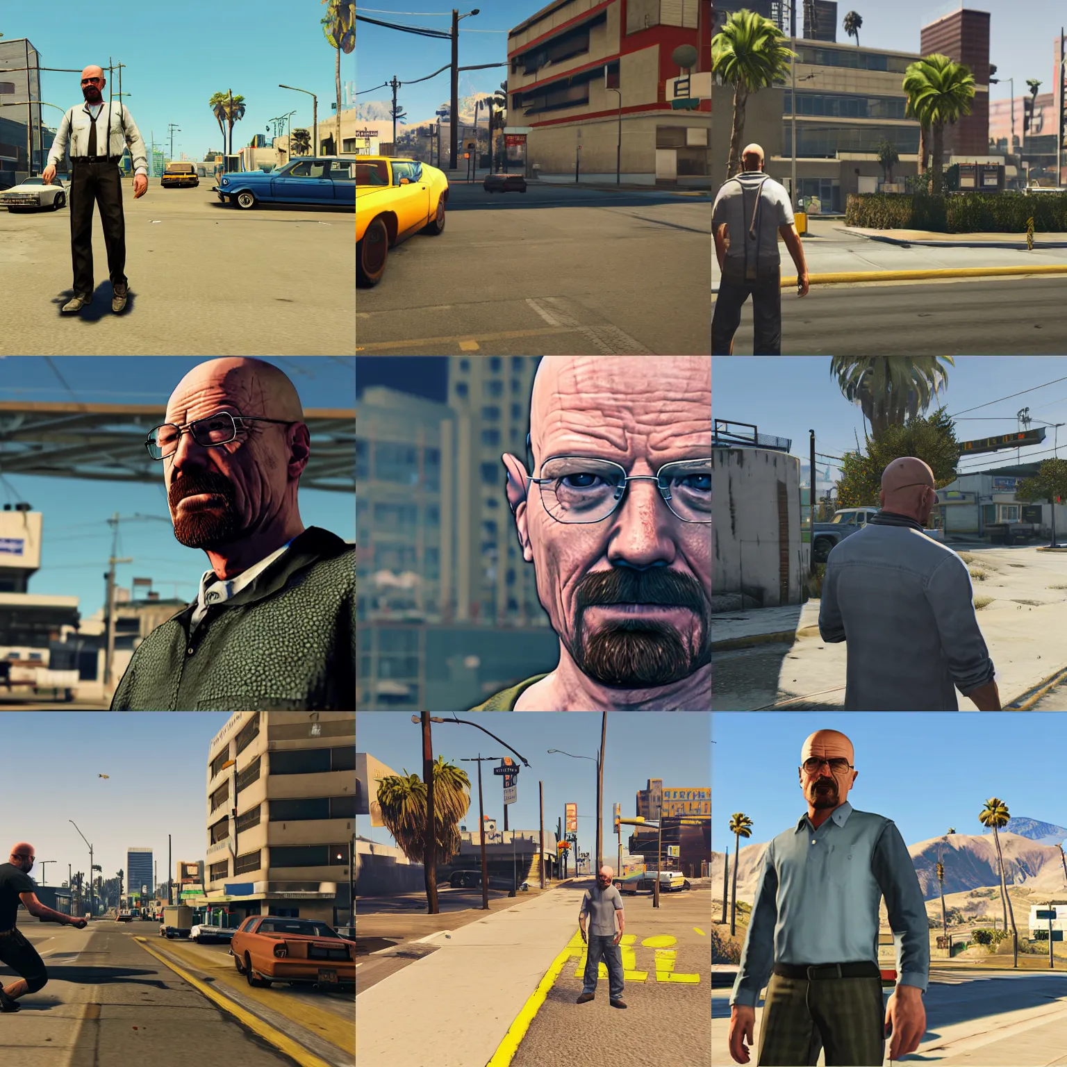 Prompt: walter white completing a gta 5 mission, downtown san andreas, unreal engine 5 detail, by gta 5