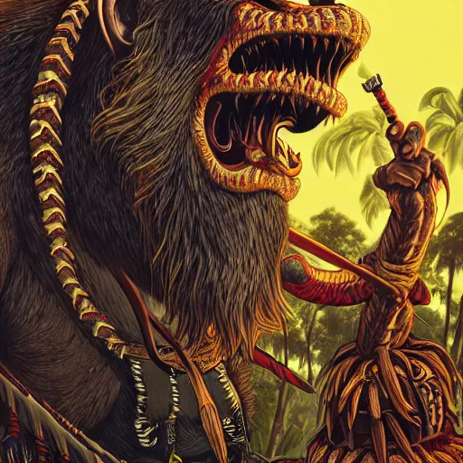 Image similar to close - up view of barong family member, wiwek, bleeding fangs, viking beard, mara demon, one single tribe member, jungle, gorilla, tribals, art by dan mumford and justin gerard