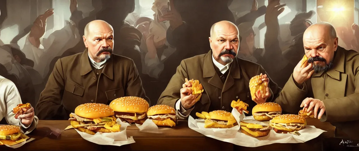 Prompt: portrait of lenin and stalin eating hamburgers, extra onions and ketchup, luscious patty with sesame seeds, ethereal, holy sacred light rays, handsome, D&D, fantasy, intricate, elegant, highly detailed, digital painting, artstation, concept art, matte, sharp focus, illustration, art by Artgerm and Greg Rutkowski and Alphonse Mucha