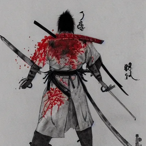 Prompt: bloody samurai standing in a battlefield, drawn by Takehiko Inoue, trending on artstation, 8k, full color, realistic, landscape