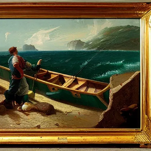 Prompt: highly detailed painting of a man fishing on a small boat in the ocean by thomas cole