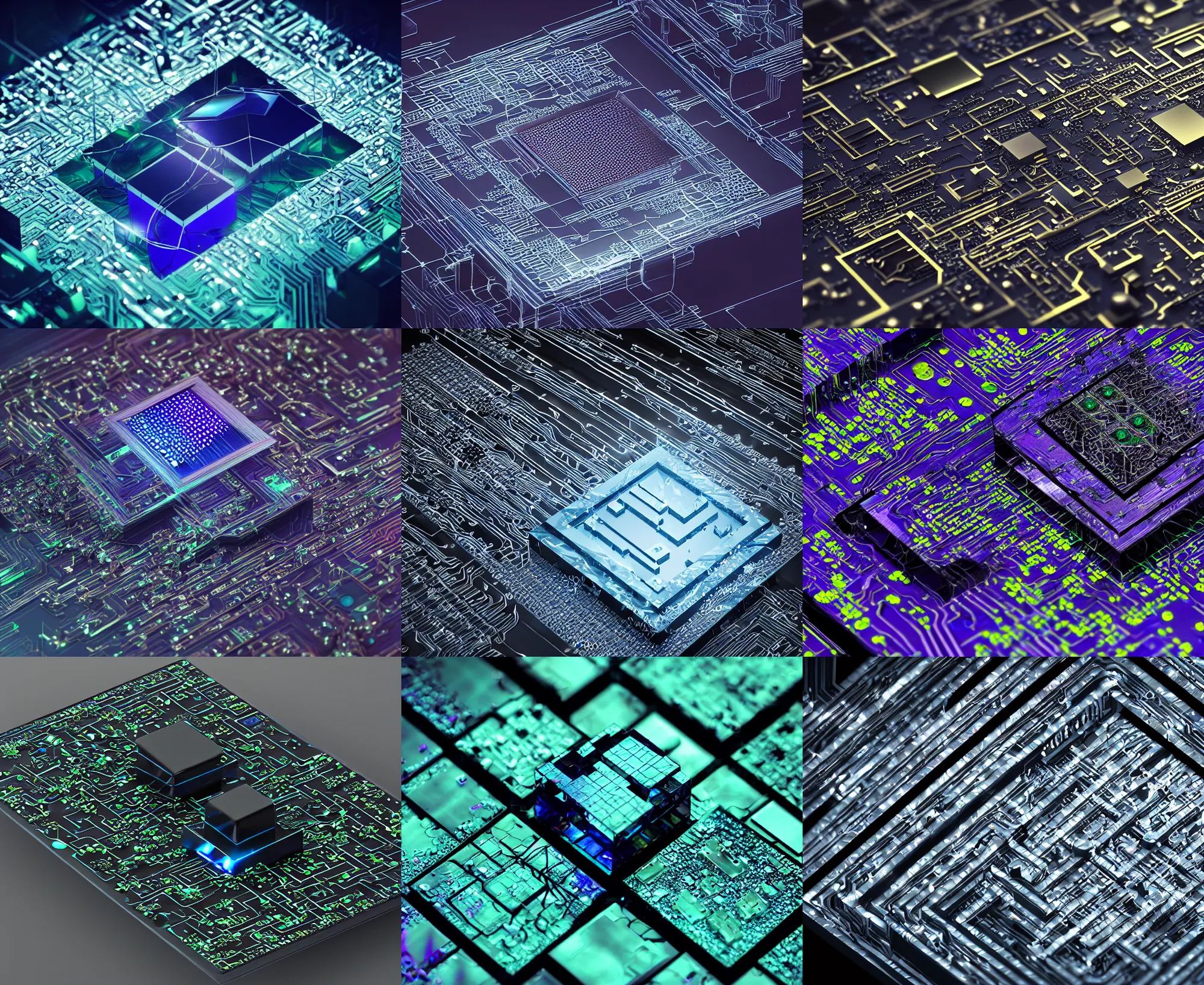 Prompt: circuit board processor block, 3 d ray - traced photorealistic concept render, moody beautiful colors, futuristic, squares, crystal nodes, sleek, shiny, high angle shot with sharp realistic intricate detail, iridescent glowing chips, black 3 d cuboid device, modular graphene, futuristic precious metals, treasure artifact, bismuth, titanium