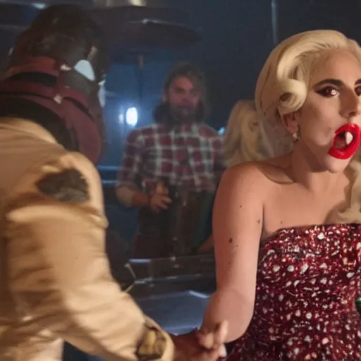 Prompt: a movie still of lady gaga wearing a pizza dress in a star is born