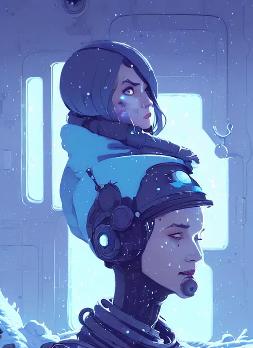 Prompt: highly detailed portrait of a snowy elemental witch punk lady ghost android, stray wiring by atey ghailan, james gilleard, by joe fenton, by greg rutkowski, by greg tocchini, by kaethe butcher, 4 k resolution, gradient blue, cyan, black and white color scheme!!! ( ( snowy glaciated robotic dystopian city background ) )