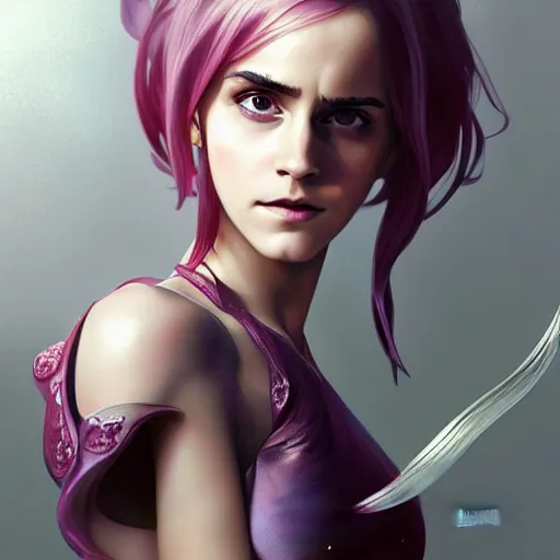 Prompt: ultra realistic illustration, emma watson as jinx from arcane anime, intricate, elegant, highly detailed, digital painting, artstation, concept art, smooth, sharp focus, illustration, art by artgerm and greg rutkowski and alphonse mucha and wlop