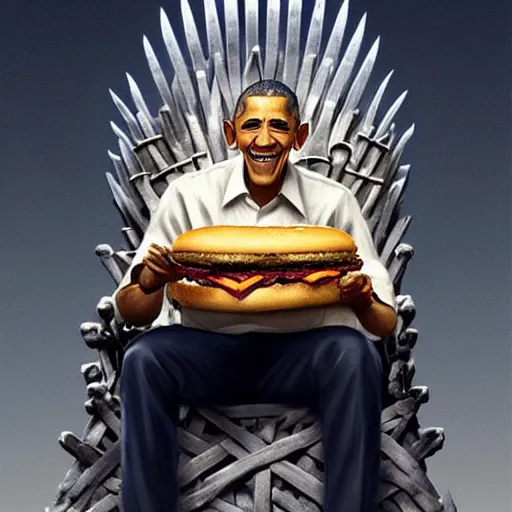 Prompt: barrack obama eating a cheese burger sitting on the iron throne, highly detailed, digital painting, artstation, concept art, global illumination, ray tracing smooth, sharp focus, illustration, art by artgerm and greg rutkowski and makoto shinkai, jeremy lipkin