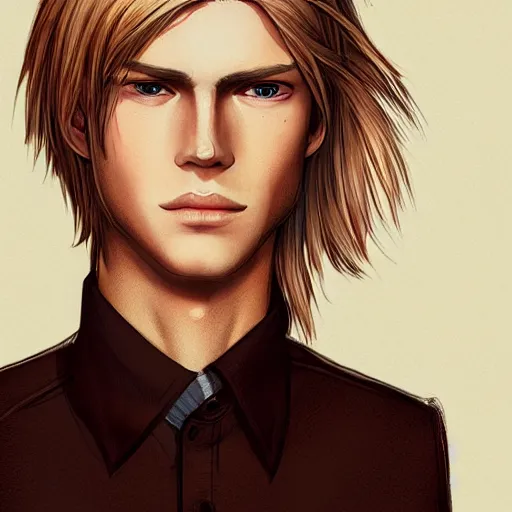 Image similar to a young blond man with long hair wearing a brown shirt, a character portrait by lydia field emmet, trending on cg society, photorealism, wiccan, handsome, ilya kuvshinov