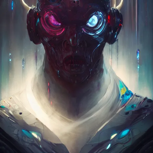 Image similar to a portrait of a sinister cybernetic duke of hell, cyberpunk concept art by pete mohrbacher and seb mckinnon and beksinski and josan gonzales, digital art, highly detailed, intricate, sci-fi, sharp focus, Trending on Artstation HQ, deviantart, unreal engine 5, 4K UHD image