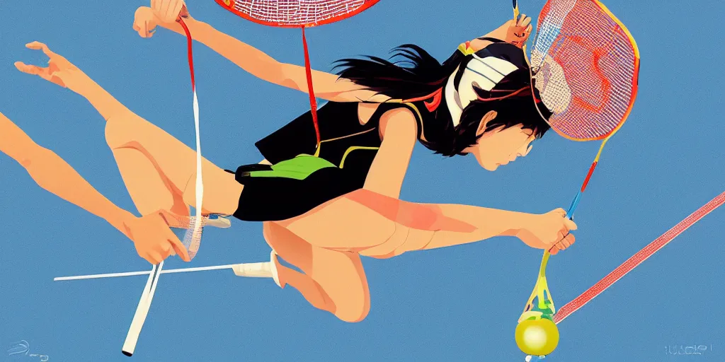 Image similar to illustration of a badminton, realistic body poses, badminton rackets, badminton birdies, by ilya kuvshinov katsuhiro otomo