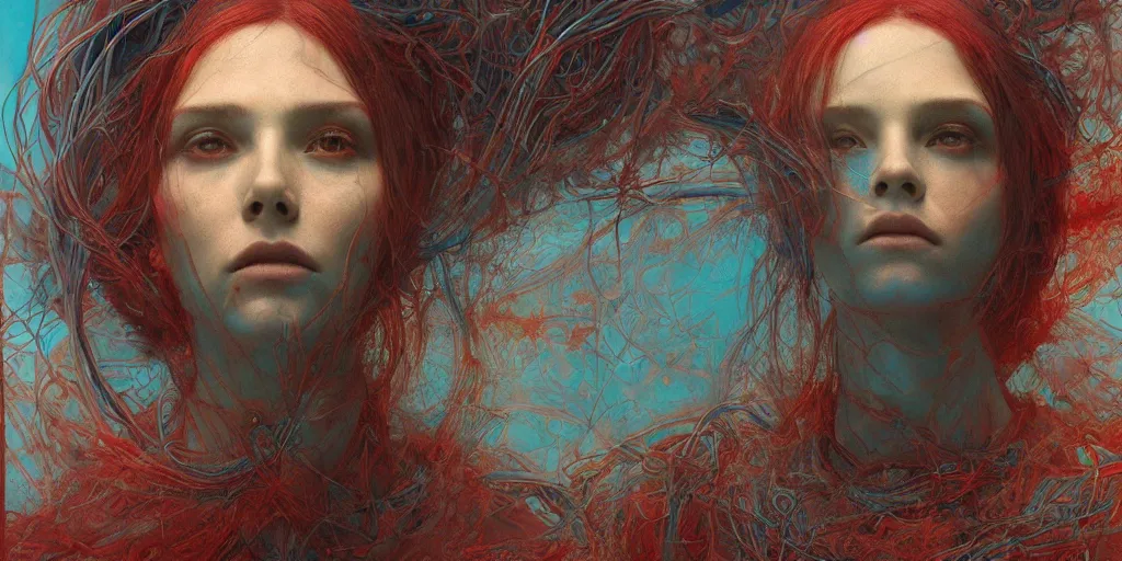 Image similar to Portrait Masterpiece, Wanda Maximoff, furious, red and cyan, glowing, wires everywhere, by Edgar Maxence and Ross Tran, Zdzisław Beksiński, and Michael Whelan, distant, gustav dore, H.R. Giger, 8k, octane render