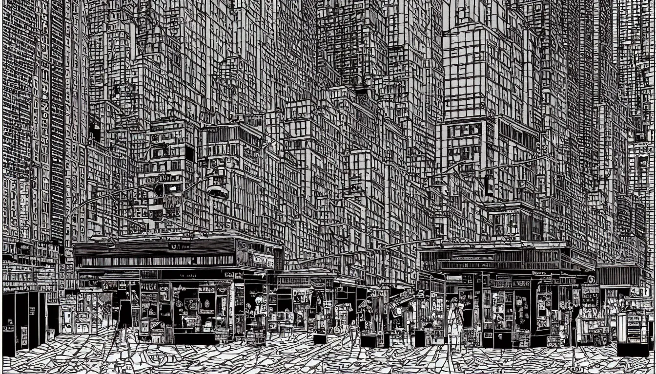 Prompt: new york shops by dan mumford and peter doig and edward hopper, symmetrical, minimal, black ink, thick lines highly detailed, muted colours 8 k