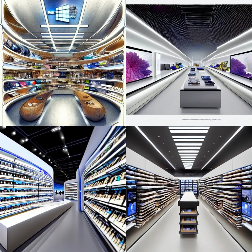 Prompt: !!!!!2030s flagship retail interior Samsung Microsoft Apple!!!!! by Jean-Baptiste Monge