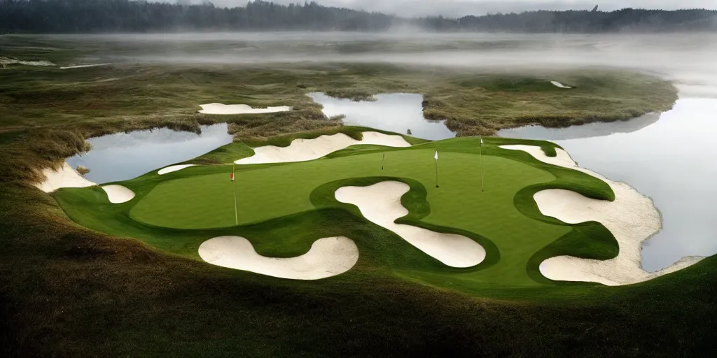 Image similar to a great photograph of the most amazing golf hole in the world, surrounded by water, giant octopus, ambient light, golf digest, top 1 0 0, fog