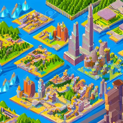 Image similar to isometric fantasy art of a giant waterfall city with tall skybridges and turrets, bold colors, detailed