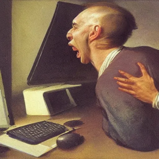 Image similar to an angry man screams at his computer monitor, oil on canvas, 1 8 8 3, highly detailed