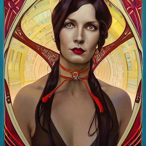 Image similar to an art nouveau, ( streamline moderne ), multi - ethnic portrait in the style of donato giancola and anna dittmann and charles dulac. very large, clear, expressive, and intelligent eyes. symmetrical, centered, ultrasharp focus, dramatic lighting, photorealistic digital matte painting, intricate ultra detailed background.