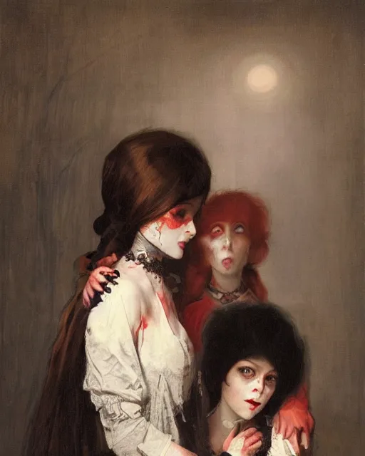 Image similar to a beautiful and eerie baroque painting of two beautiful but creepy siblings wearing vivienne westwood collars in layers of fear, with haunted eyes and dark hair, 1 9 7 0 s, seventies, wallpaper, a little blood, morning light showing injuries, delicate embellishments, painterly, offset printing technique, by brom, robert henri, walter popp