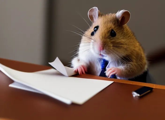 Prompt: photo of a hamster in a suit and glasses, reading a document at a desk in an office. Highly detailed 8k. Intricate. Sony a7r iv 55mm. Award winning.