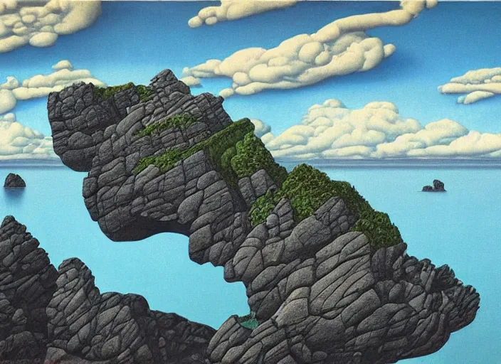 Image similar to rocky cliffs with a cloud lake, painting by mc escher, very detailed, illusion, surreal!!!, trending on artstation, beautiful color art