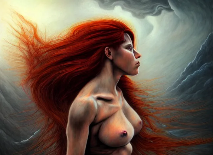 Prompt: realistic detailed image of a female Amazon warrior auburn hair blowing in an angry, stormy mountain top, anime art, anime, inspired by H.R. Giger and Zdzislaw Beksinski, gothic, rich deep colors. A masterpiece.