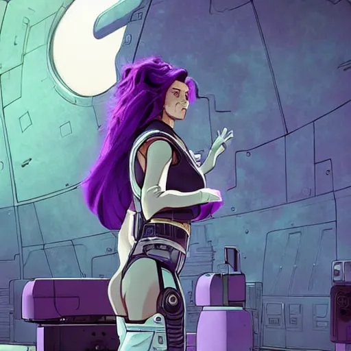 Prompt: beautiful woman with sci - fi power armor and purple hair on an abandoned spaceship, long shot, rule of thirds, golden ratio, graphic novel by fiona staples and dustin nguyen, by beaststars and orange, peter elson, alan bean, studio ghibli, makoto shinkai