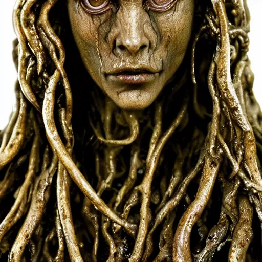 Image similar to photo taken of an epic intricate, ultra detailed, super realistic gritty, wet, lifelike sculpture of an eldritch druid queen by weta workshop, zoomed in shots, sublime subsurface scattering, photorealistic, sharp focus, white wall coloured workshop, desaturated, cold colour temperture, f 2, face centred, golden ratio, golden hour