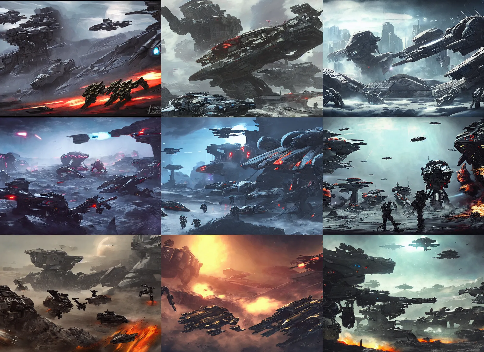 Prompt: combined arms combat on an alien planet, cyberpunk, military sci - fi, concept art, epic