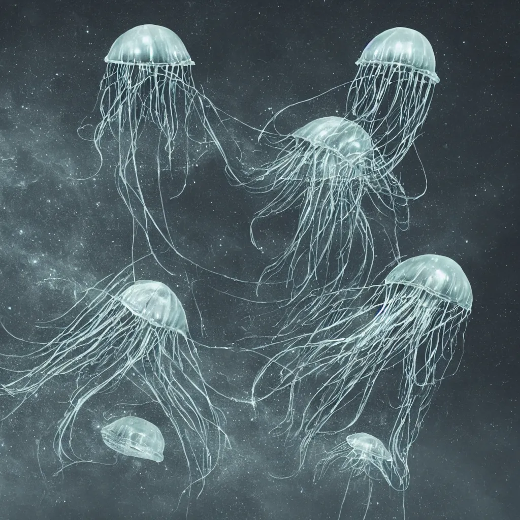 Prompt: incomprehensible alien lifeform floats down to earth, huge, atmospheric, abstract, unusual, creepy, jellyfish like