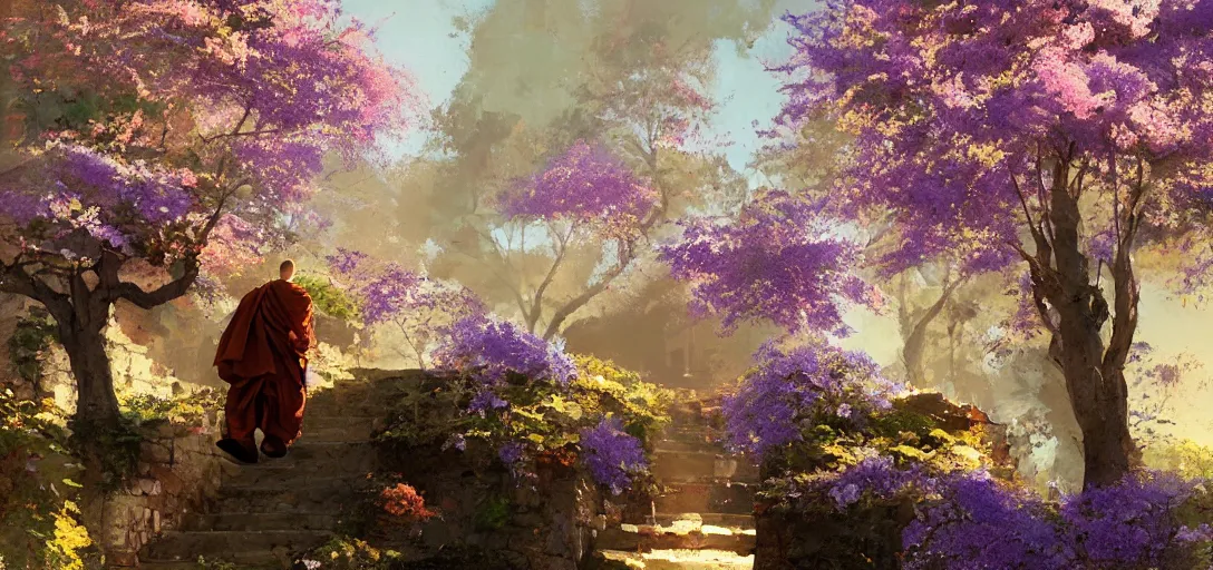 Prompt: A monk walks up stairs lined with cherry blossom trees and jacaranda trees, golden hour, by Craig Mullins, arstation, concept art