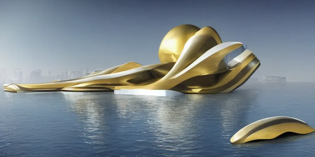 Image similar to mosque floating spaceship by zaha hadid, golds fantasy world