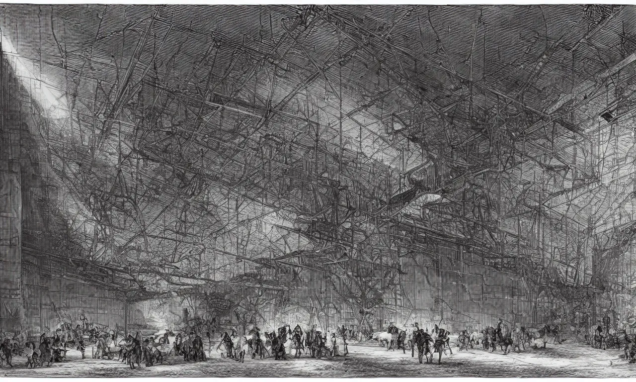 Image similar to dark glowing cargo hall and corridors of huge space ship halls cages with strange animals detailed piranesi lithography