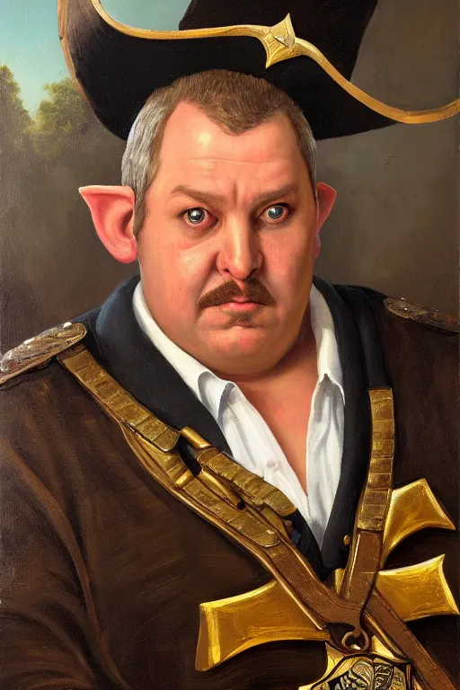 Prompt: high elf mall cop with a sheriff's badge that is fat, shifty, and incompetent, portrait from the chest up, Oil Painting, hyper realistic, dutch golden age, 3/4 bust