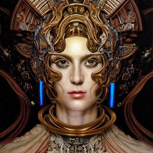 Prompt: masterpiece baroque neoclassicist closeup renaissance portrait of a art deco android priestess, glowing eyes. reflective detailed textures, highly detailed fantasy science fiction painting by magali villeneuve, annie swynnerton, peter mohrbacher, norman rockwell and saturno butto and jean delville, elaborate geometric ornament, cool colors. artstation