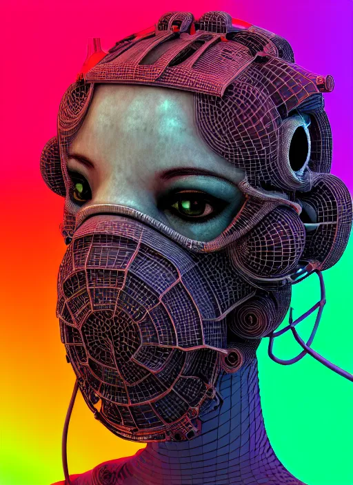 Image similar to hyper detailed 3d render like a sculpture - profile subsurface scattering (a beautiful fae princess gas mask protective playful expressive from that looks like a borg queen scene kid wearing a pannier) seen red carpet photoshoot in UVIVF posing in chromatic light pattern pool of water to Eat bite of the Strangling network of yellowcake aerochrome and milky Fruit and His delicate Hands hold of gossamer polyp blossoms bring iridescent fungal flowers whose spores black the foolish stars by Jacek Yerka, Ilya Kuvshinov, Mariusz Lewandowski, Houdini algorithmic generative render, golen ratio, Abstract brush strokes, Masterpiece, Victor Nizovtsev and James Gilleard, Zdzislaw Beksinski, Tom Whalen, Mark Ryden, Wolfgang Lettl, Grant Wood, octane render, 8k, maxwell render, siggraph