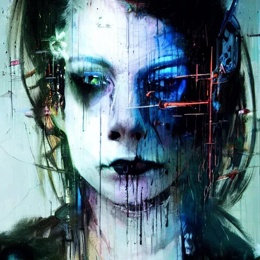 Image similar to a cyberpunk noir detective, skulls, wires cybernetic implants, machine noir steelpunk grimcore in cyberspace photoreal, atmospheric by jeremy mann francis bacon and agnes cecile, ink drips paint smears digital glitches