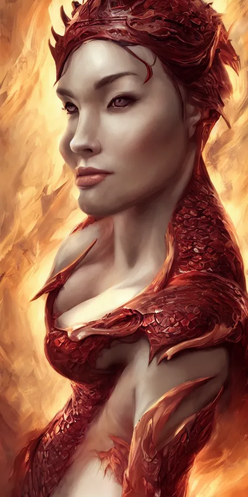 Image similar to 3/4 body portrait of the firedragon queen by artgerm, Dragon in dragon lair, HD, full body dragon concept, flying dragon, Human body with dragon features, beautiful queen, perfect face, fantasy, intricate, elegant, highly detailed, digital painting, artstation, concept art, smooth, sharp focus, illustration, ray tracing, 4k realistic 3d rendered portrait, soft shading, soft colors, relaxed colors, hyperdetailed, wide angle lens, fantasy, futuristic horror, armor style of giger