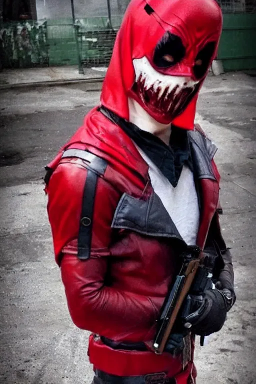 Image similar to red hood cosplay, creepy, disturbing