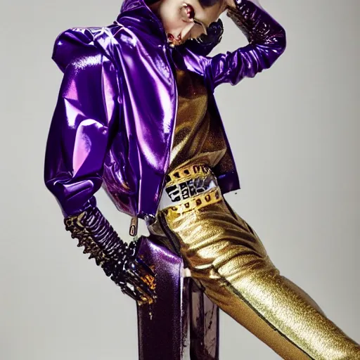 Prompt: photo from fashion magazine vogue, backside of a glossy purple metallic steam punk hooded vest jacket with golden metallic belts and buttons and chains, big collar, big shoulder polster, very detailed, elaborate, purple neon light, soft white light from front - w 1 0 2 4 - h 1 0 2 4