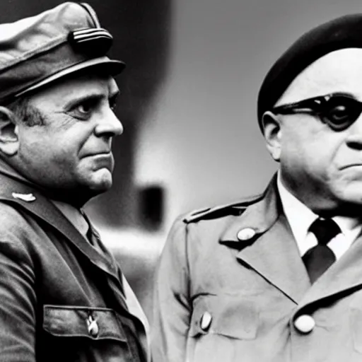 Image similar to Danny DeVito as a WW2 era American general watching a mushroom cloud explode