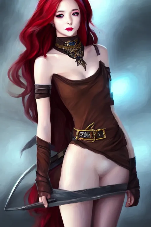 Image similar to a full body portrait of a gorgeous female ranger, looking at camera, D&D, choker on neck, stylish dress, very long flowing red hair, intricate, elegant, stylish, cute slightly nerdy smile, mouth slightly open, fantasy, extremely detailed, digital painting, artstation, concept art, smooth, sharp focus, illustration, stunning lighting, art by artgerm and greg rutkowski and alphonse mucha and simon stalenhag