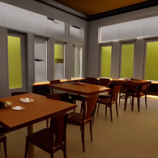 Image similar to a modern dining room design in the style of the nighthawks by edward hopper using unreal engine trending on artstation
