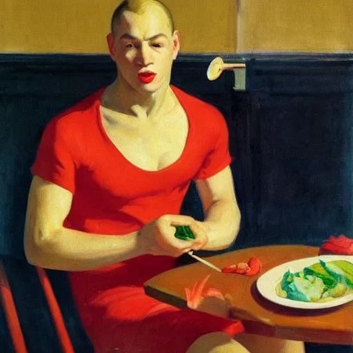 Image similar to an attractive man wearing a hair clip in red silky shorts eating salmon by Edward Hopper