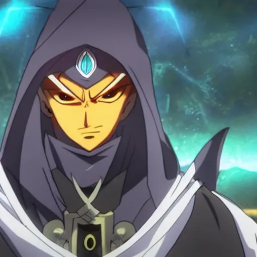 Image similar to Karthus from League of Legends in anime movie, dragonballz, jojo