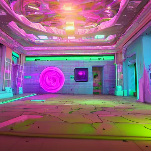 Prompt: futuristic, neon, intricate, vaporwave, pastel colors, hd 8 k, unreal engine, abandoned, overgrown, candy shop